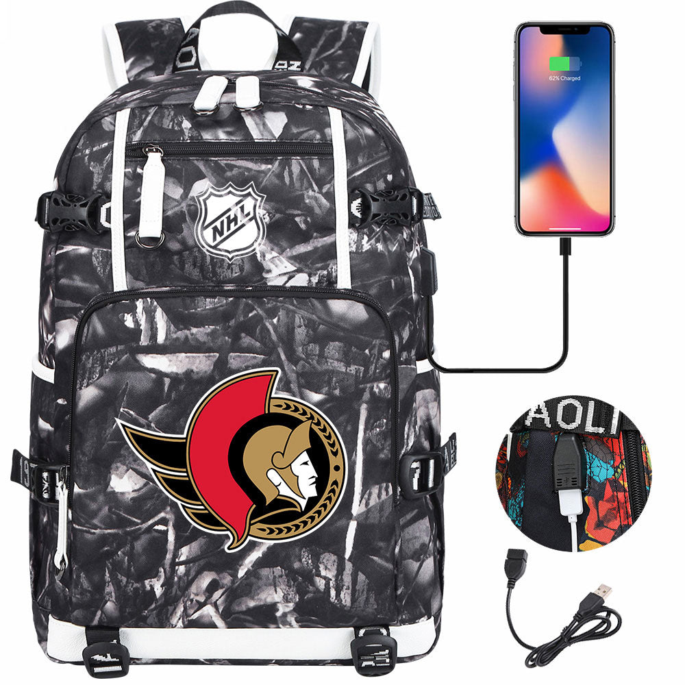 Ottawa Senators Hockey League USB Charging Backpack School Notebook Travel Bags