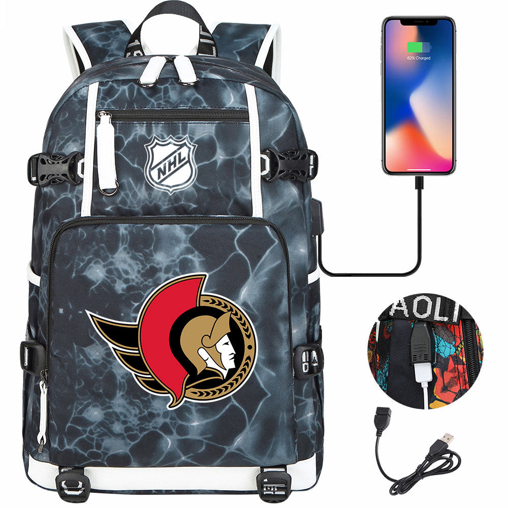 Ottawa Senators Hockey League USB Charging Backpack School Notebook Travel Bags