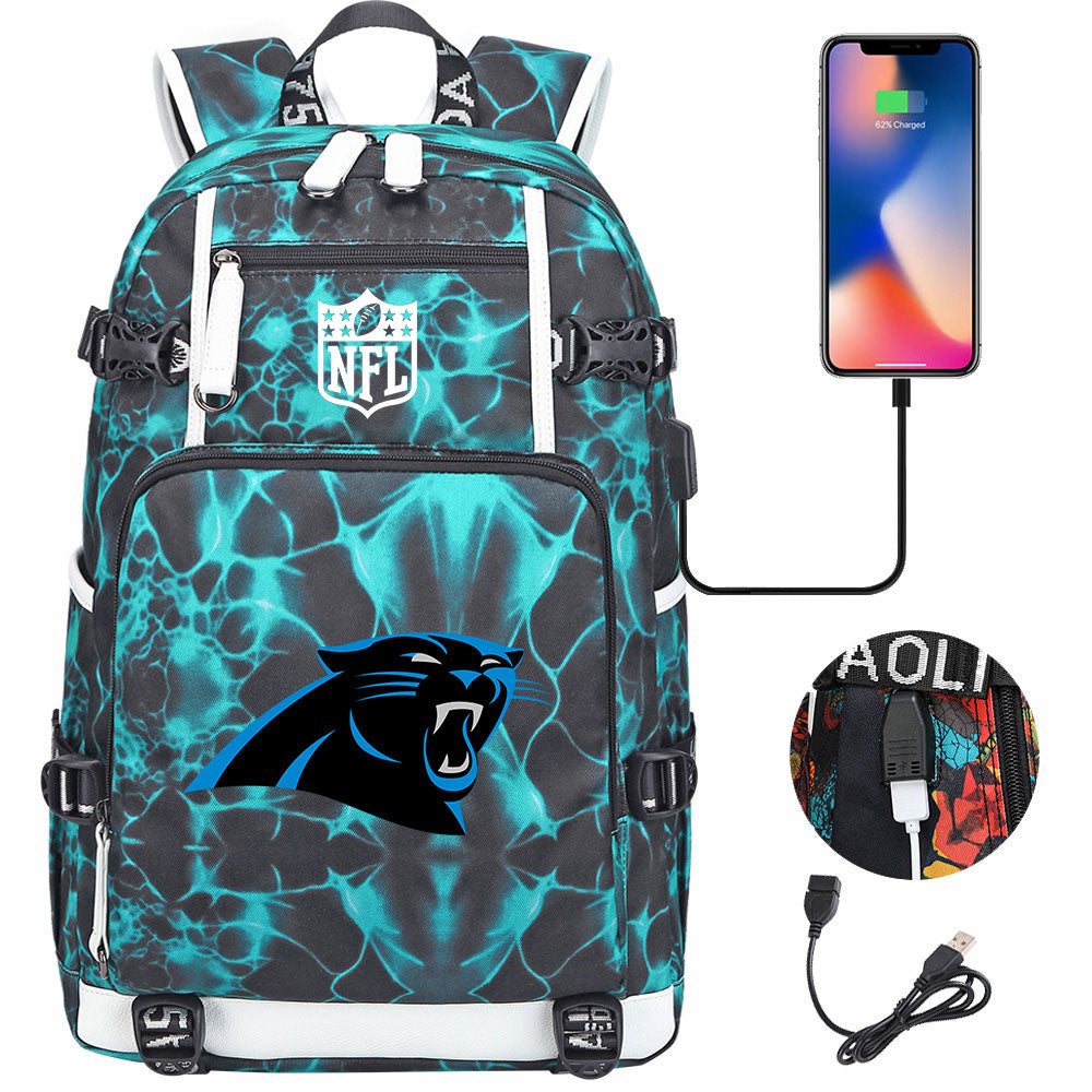 Carolina Panthers Football Team USB Charging Backpack School Notebook Travel Bags