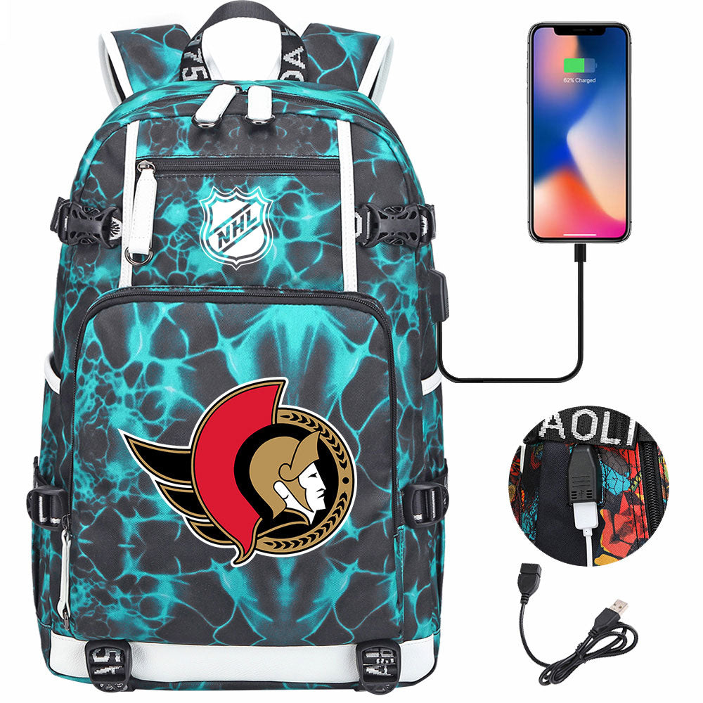 Ottawa Senators Hockey League USB Charging Backpack School Notebook Travel Bags