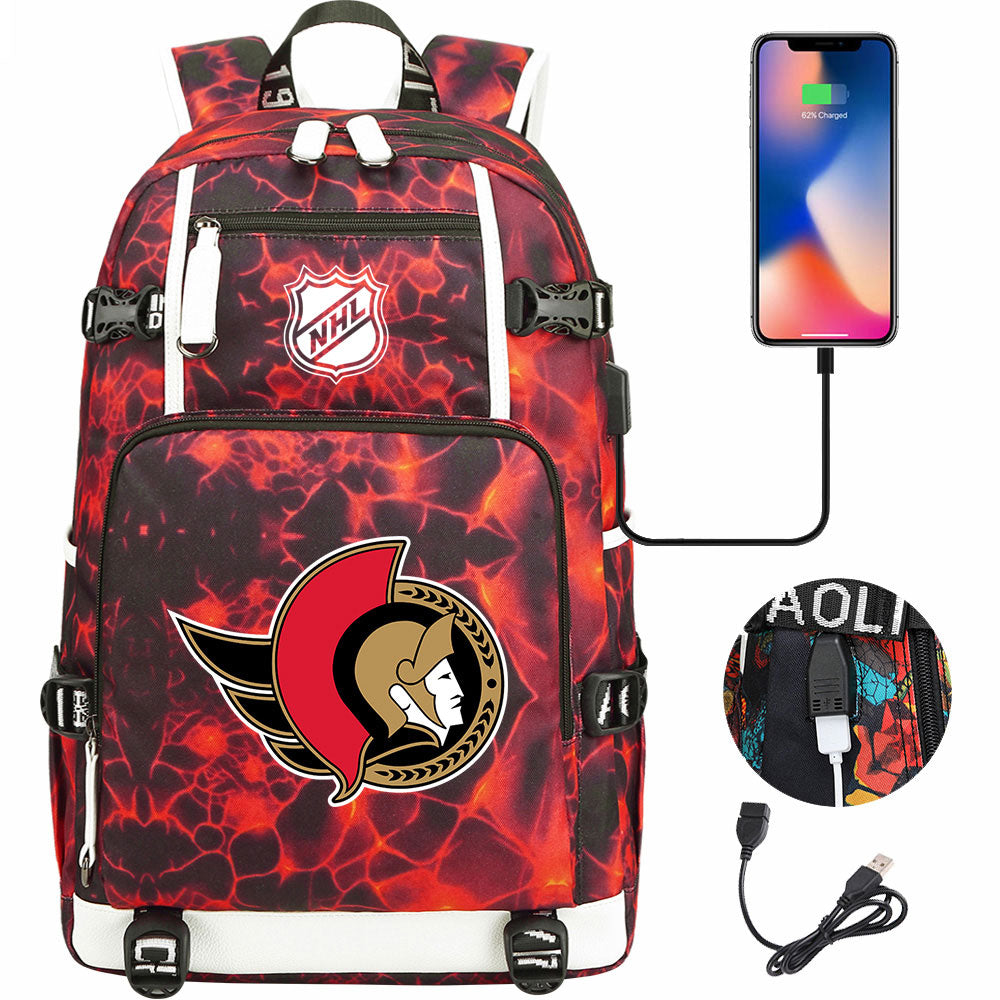 Ottawa Senators Hockey League USB Charging Backpack School Notebook Travel Bags