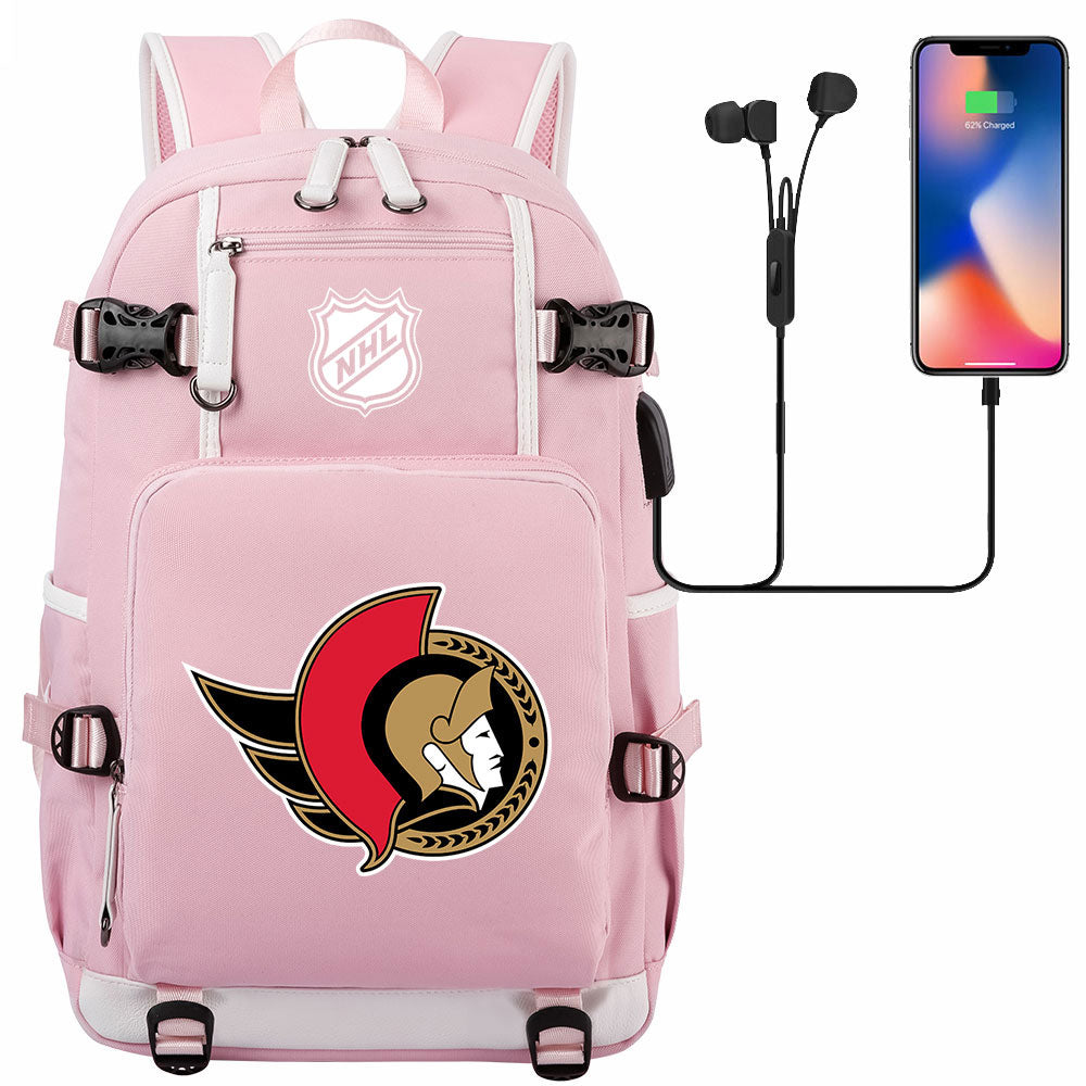 Ottawa Senators Hockey League USB Charging Backpack School Notebook Travel Bags