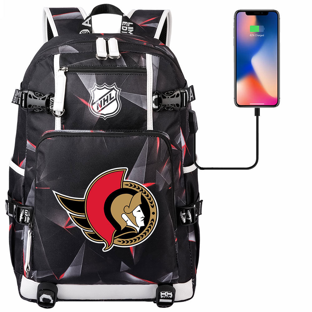 Ottawa Senators Hockey League USB Charging Backpack School Notebook Travel Bags