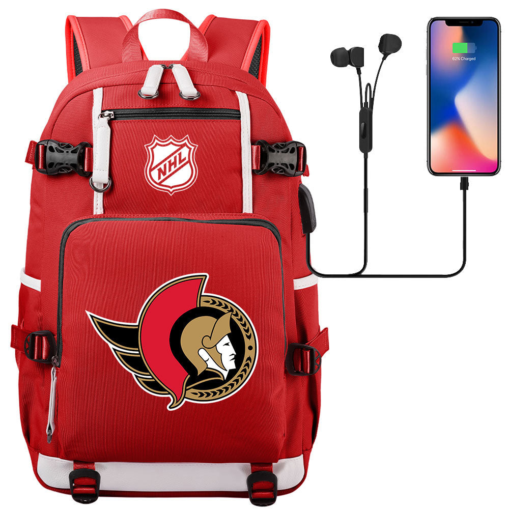 Ottawa Senators Hockey League USB Charging Backpack School Notebook Travel Bags