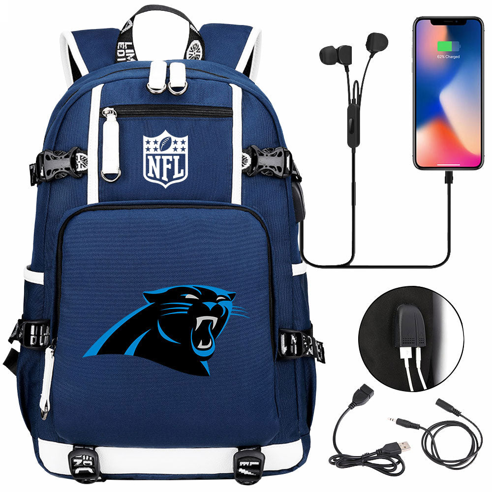 Carolina Panthers Football Team USB Charging Backpack School Notebook Travel Bags