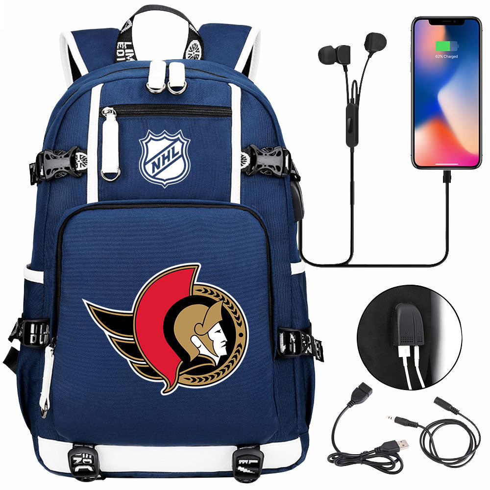 Ottawa Senators Hockey League USB Charging Backpack School Notebook Travel Bags