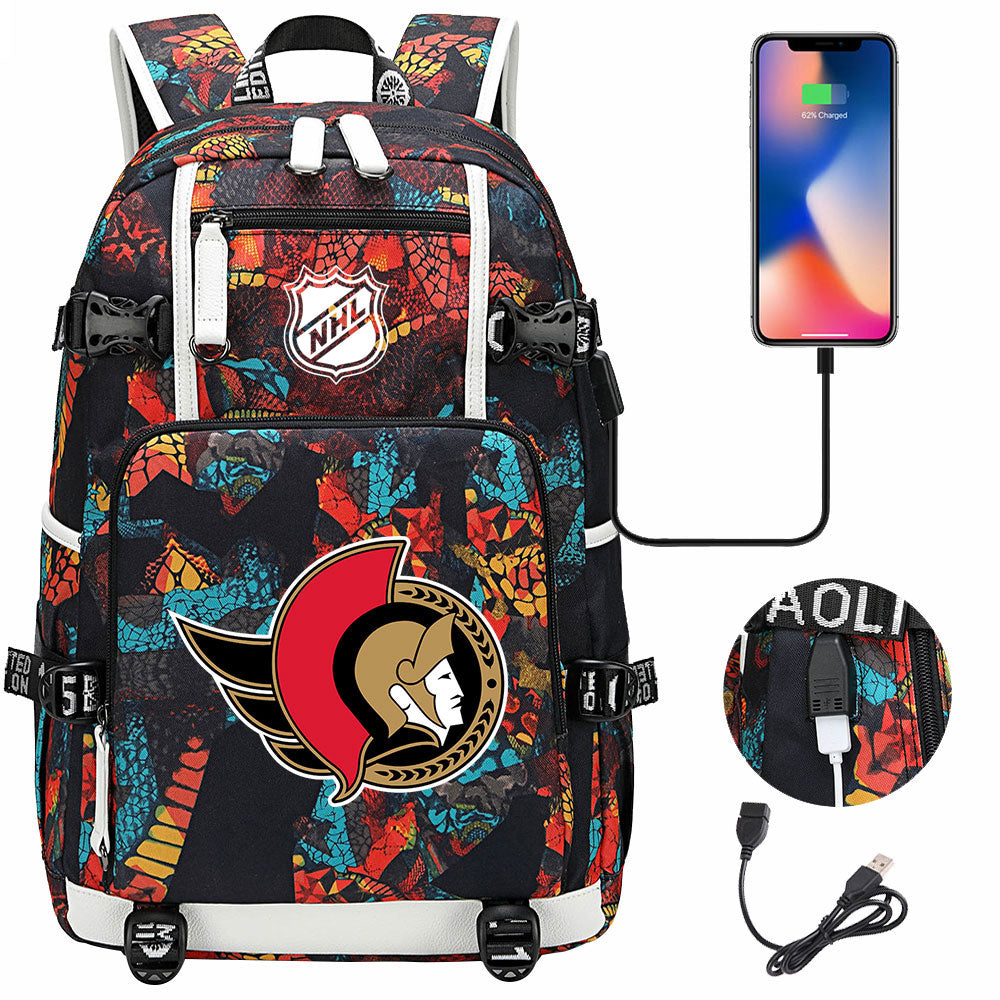 Ottawa Senators Hockey League USB Charging Backpack School Notebook Travel Bags