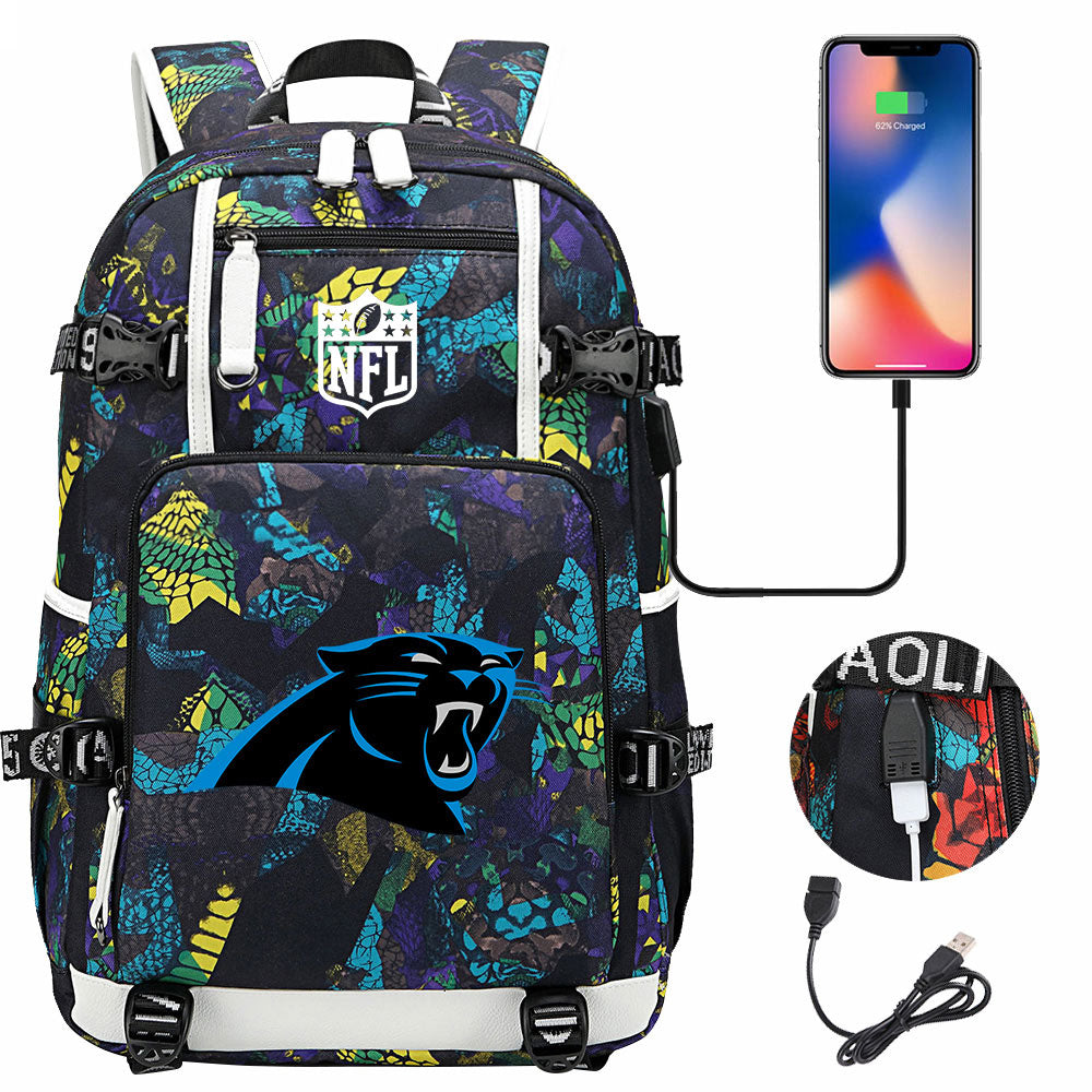 Carolina Panthers Football Team USB Charging Backpack School Notebook Travel Bags