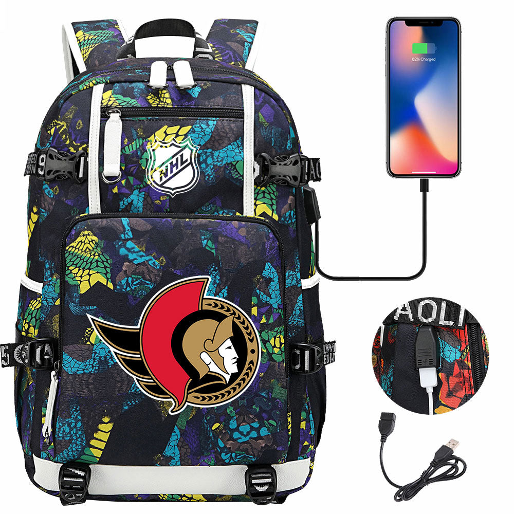 Ottawa Senators Hockey League USB Charging Backpack School Notebook Travel Bags