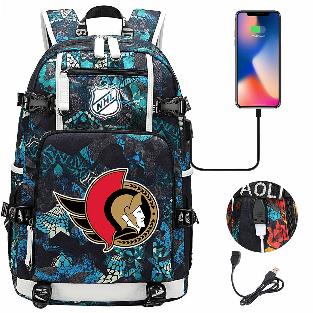 Ottawa Senators Hockey League USB Charging Backpack School Notebook Travel Bags