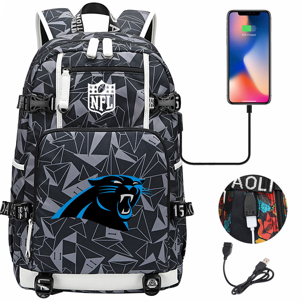 Carolina Panthers Football Team USB Charging Backpack School Notebook Travel Bags