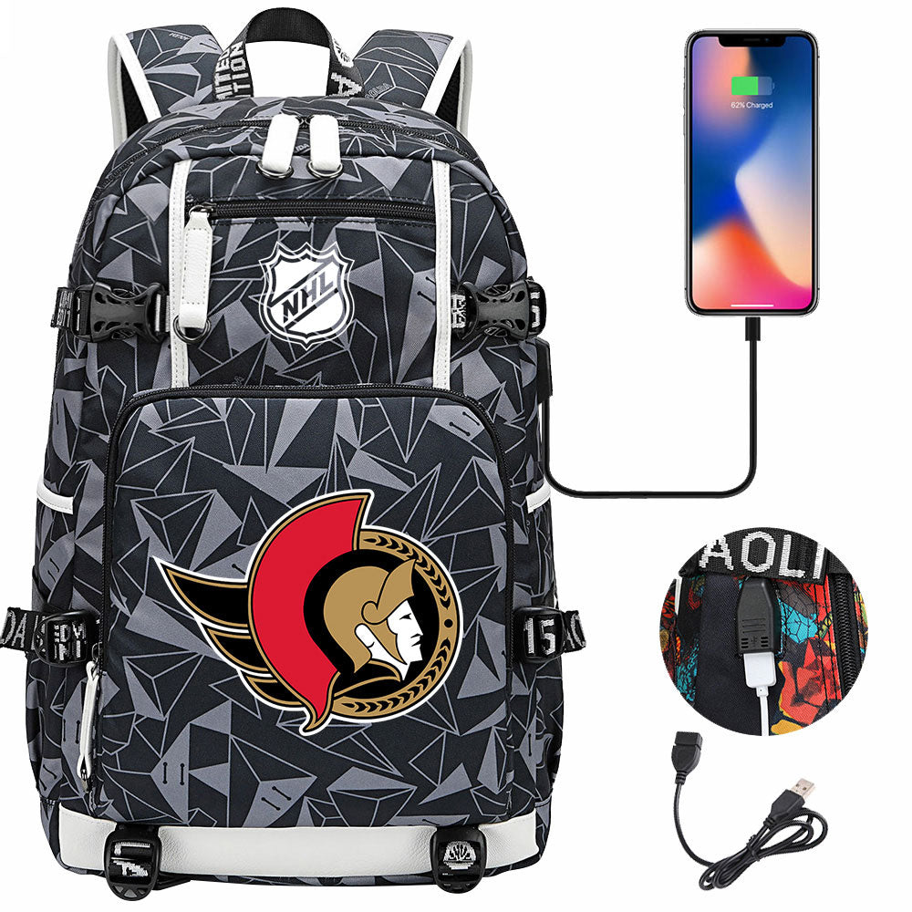 Ottawa Senators Hockey League USB Charging Backpack School Notebook Travel Bags