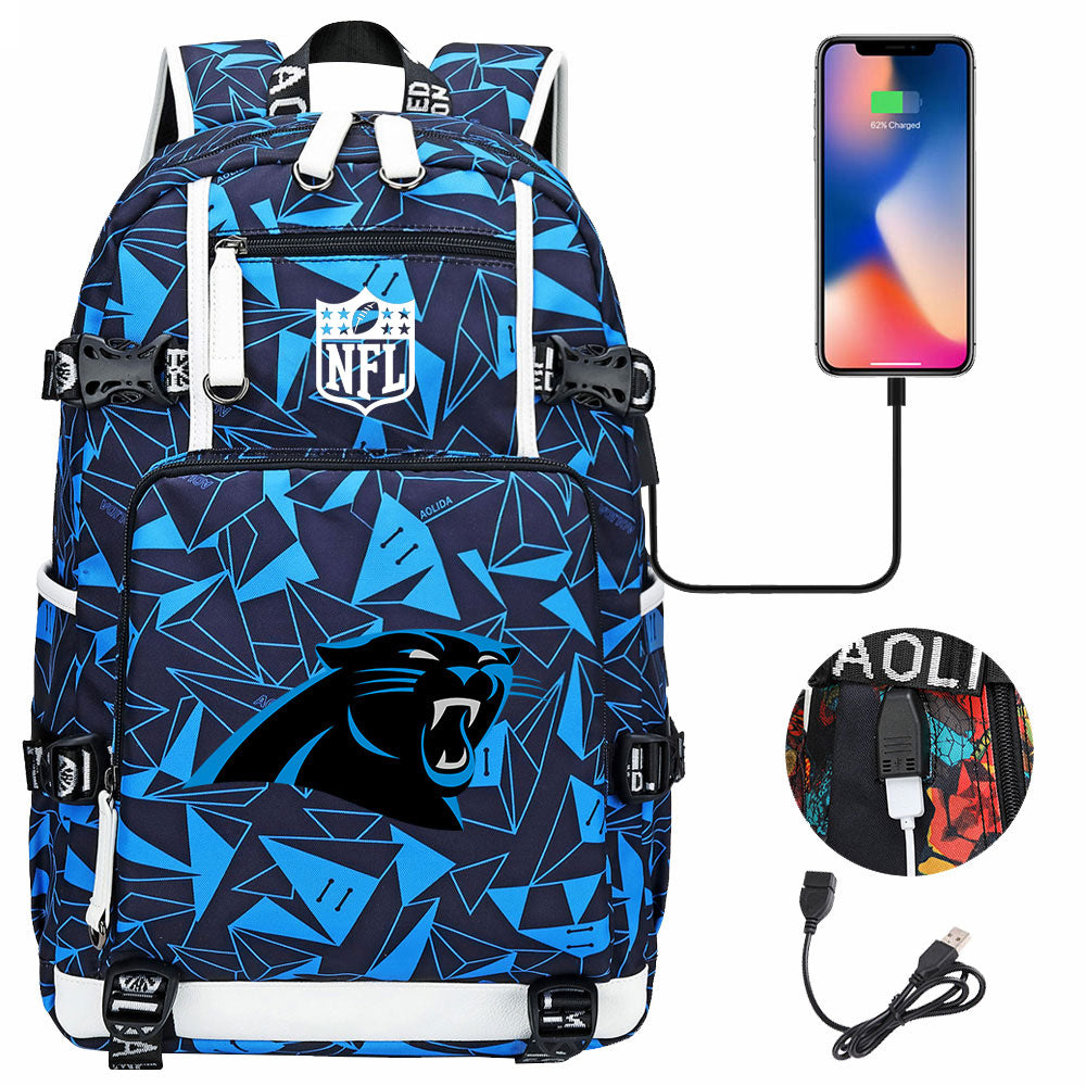 Carolina Panthers Football Team USB Charging Backpack School Notebook Travel Bags