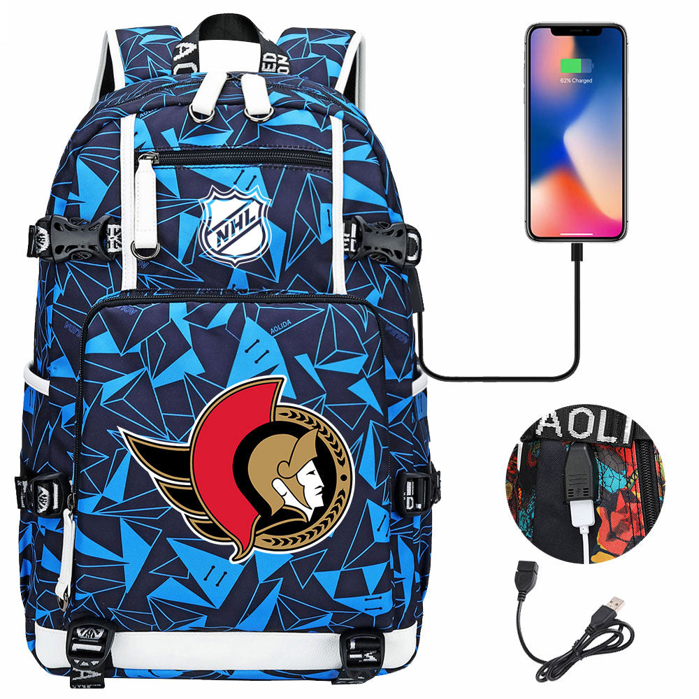 Ottawa Senators Hockey League USB Charging Backpack School Notebook Travel Bags