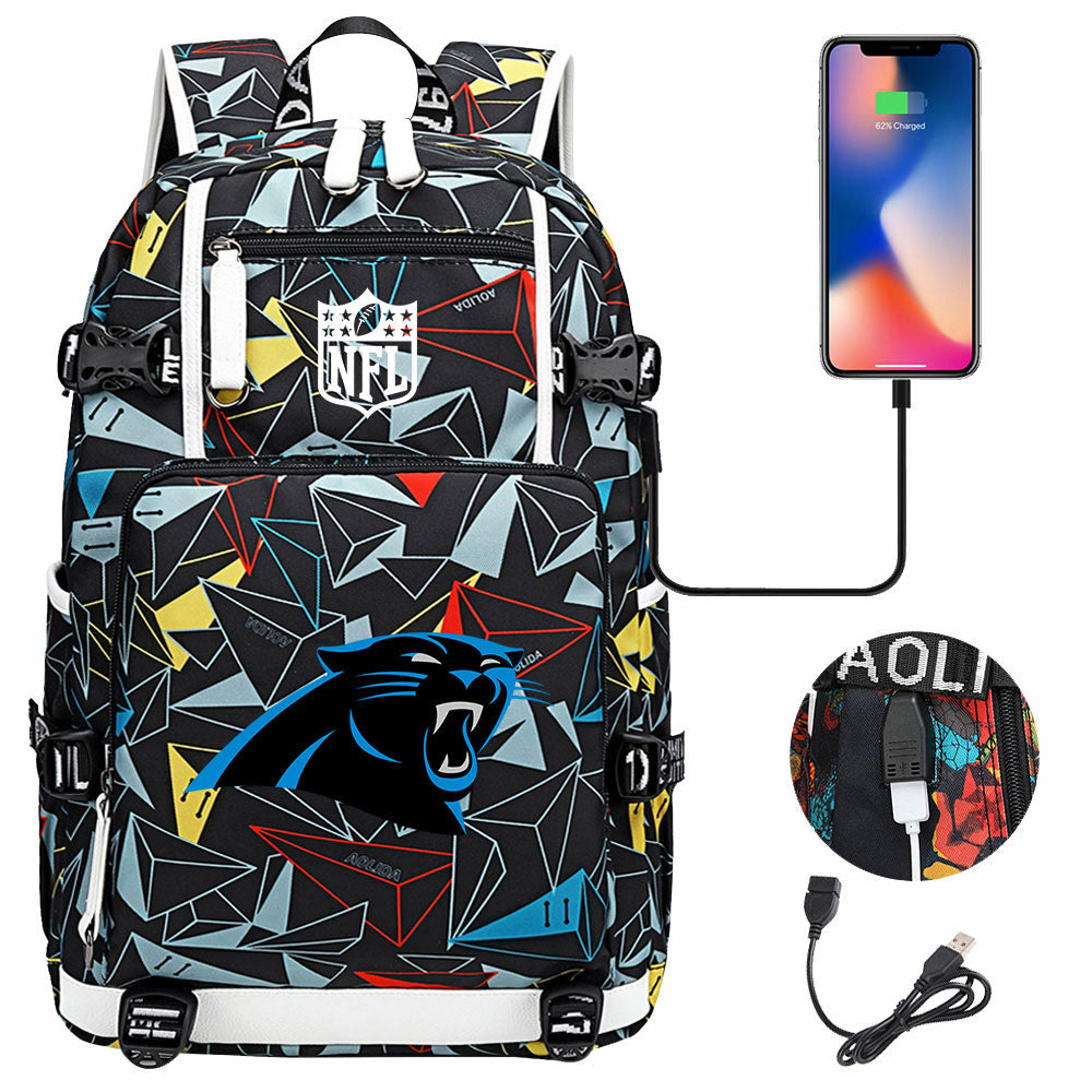 Carolina Panthers Football Team USB Charging Backpack School Notebook Travel Bags