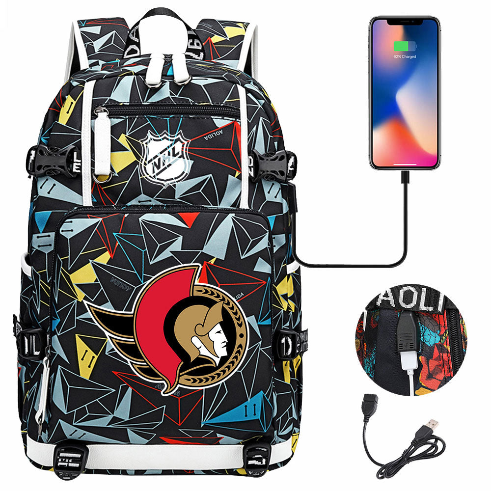 Ottawa Senators Hockey League USB Charging Backpack School Notebook Travel Bags