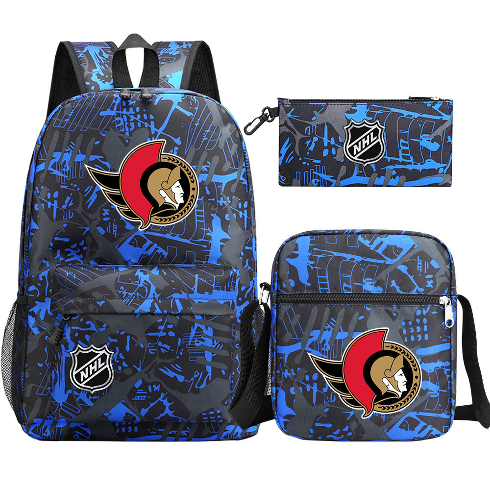 Ottawa Senators Hockey League Printed Schoolbag Backpack Shoulder Bag Pencil Bag 3pcs set for Kids Students