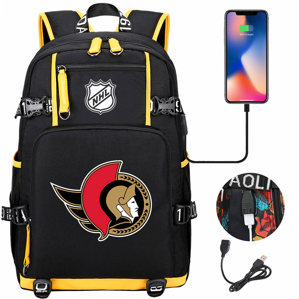 Ottawa Senators Hockey League USB Charging Backpack School Notebook Travel Bags