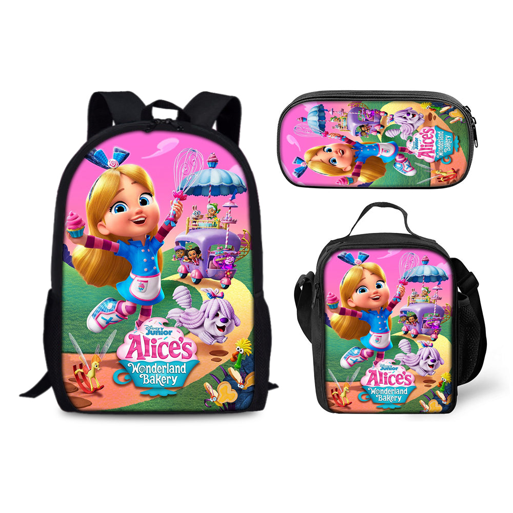 Alices Wonderland Bakery Backpack Schoolbag Lunch Bag Pencil Bag for Kids Students 3PCS