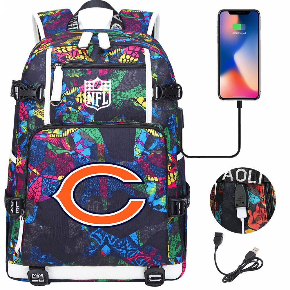 Chicago Bears Football Team USB Charging Backpack School Notebook Travel Bags