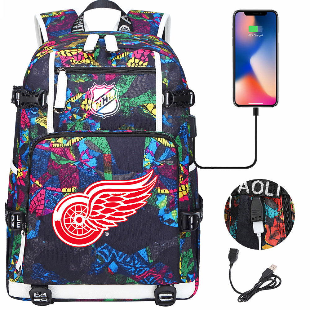Detroit Red Wings Hockey League USB Charging Backpack School Notebook Travel Bags