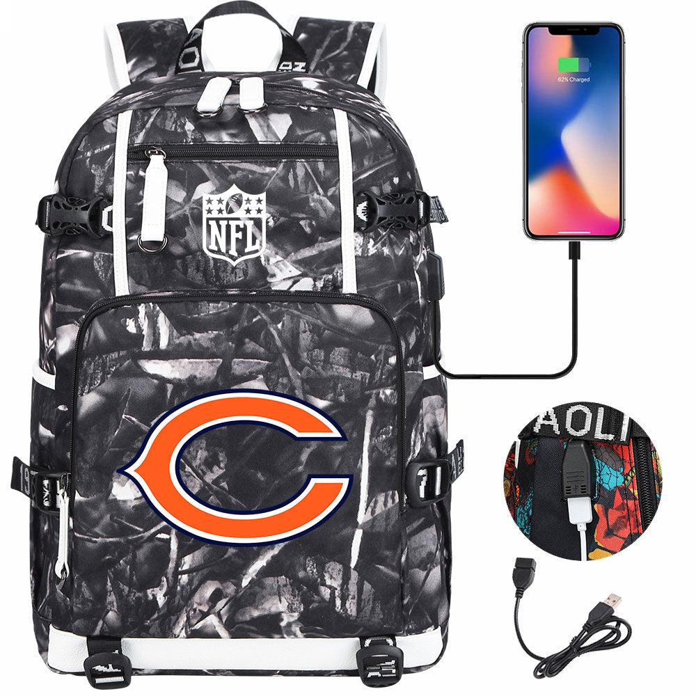 Chicago Bears Football Team USB Charging Backpack School Notebook Travel Bags