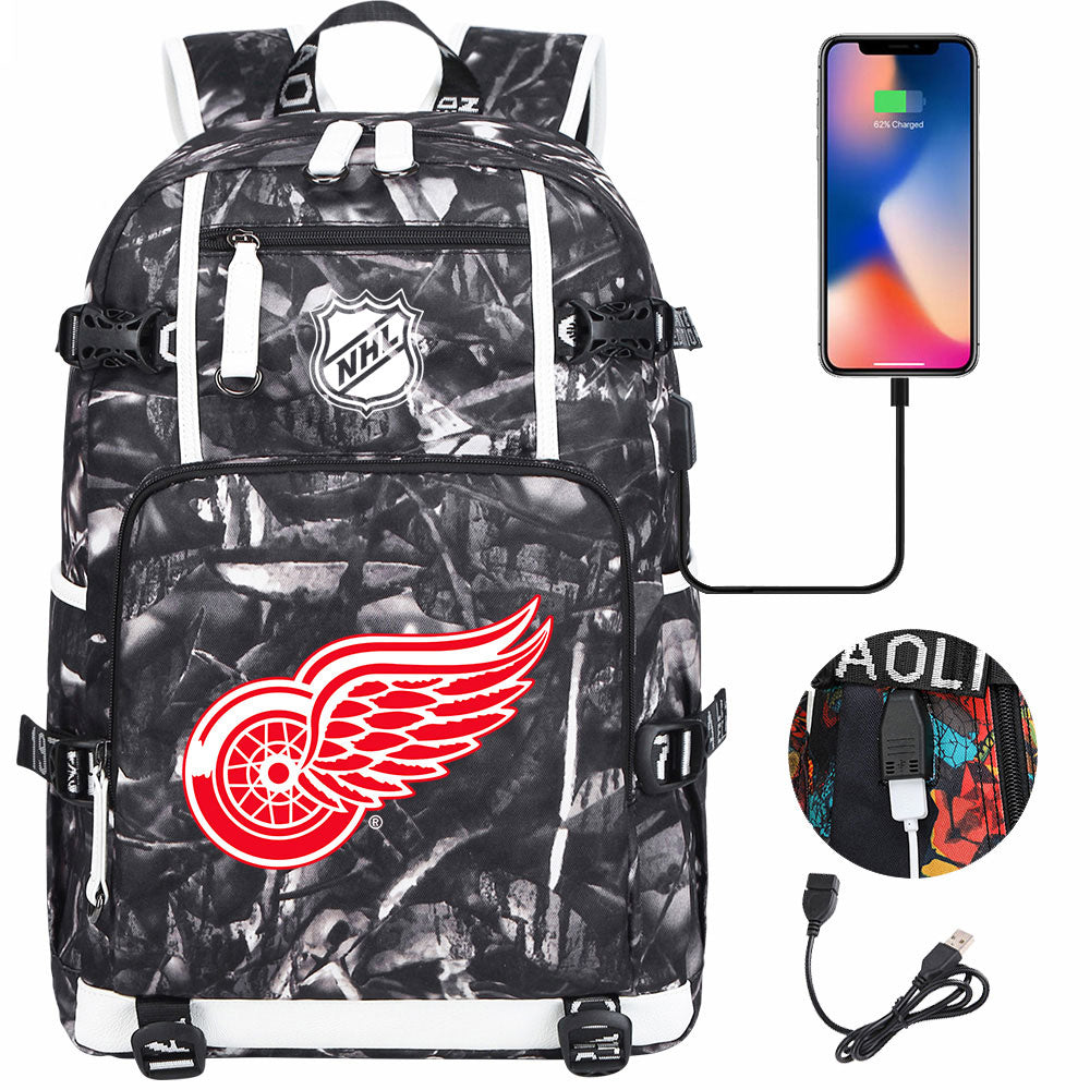Detroit Red Wings Hockey League USB Charging Backpack School Notebook Travel Bags