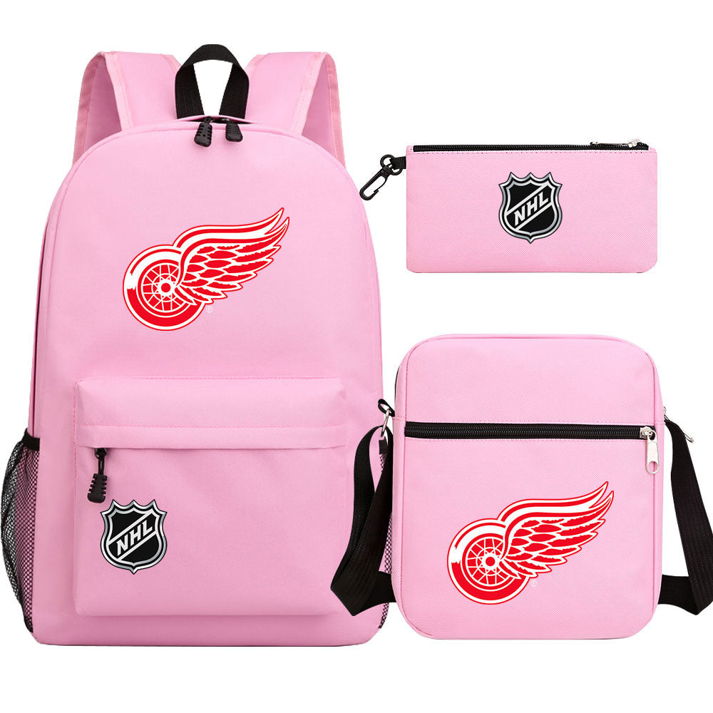 Detroit Red Wings Hockey League Printed Schoolbag Backpack Shoulder Bag Pencil Bag 3pcs set for Kids Students