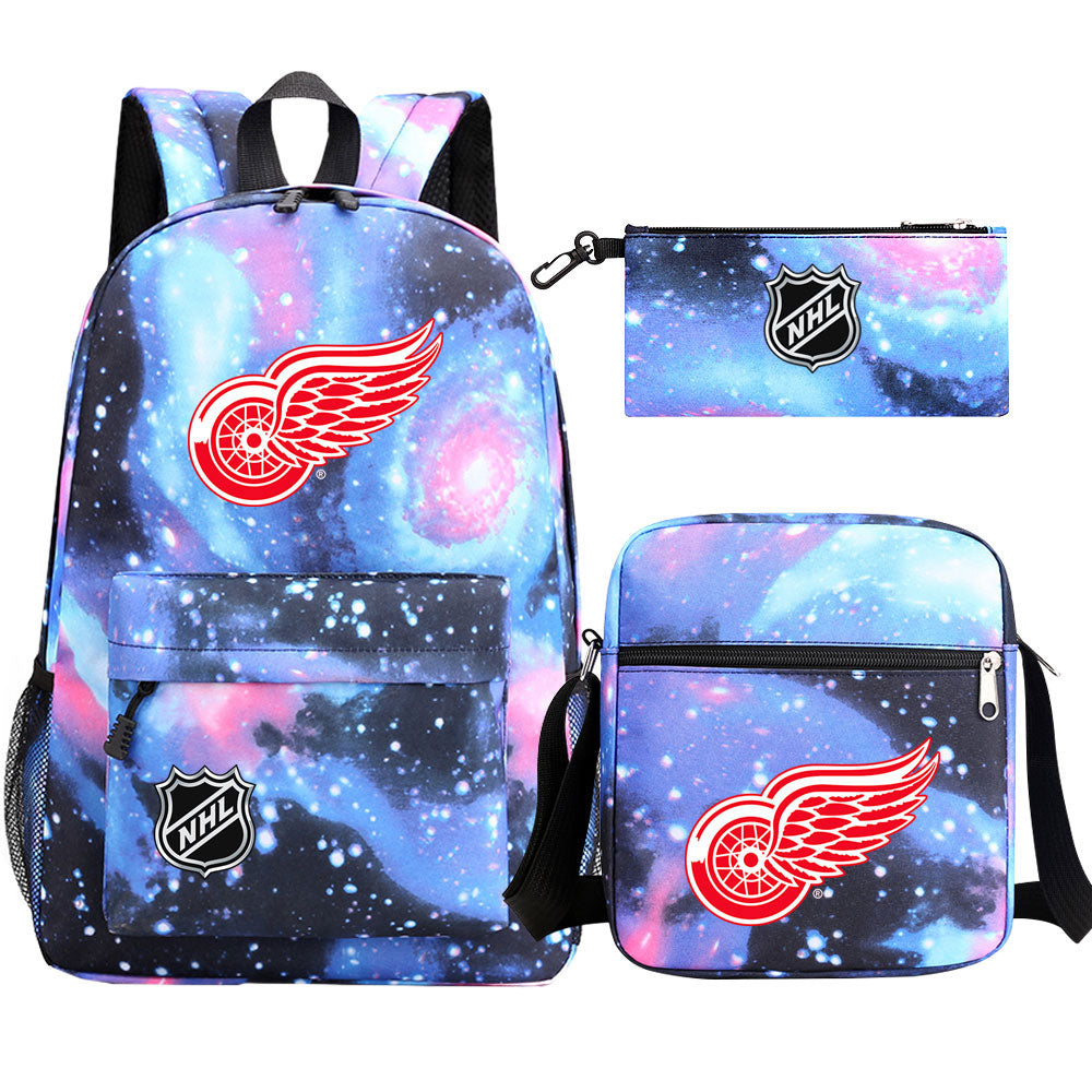 Detroit Red Wings Hockey League Printed Schoolbag Backpack Shoulder Bag Pencil Bag 3pcs set for Kids Students