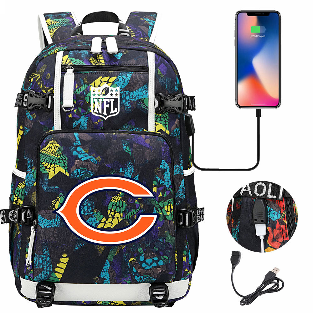 Chicago Bears Football Team USB Charging Backpack School Notebook Travel Bags