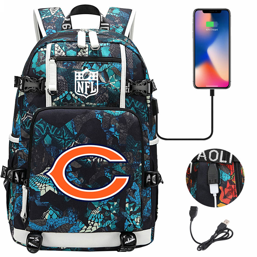 Chicago Bears Football Team USB Charging Backpack School Notebook Travel Bags