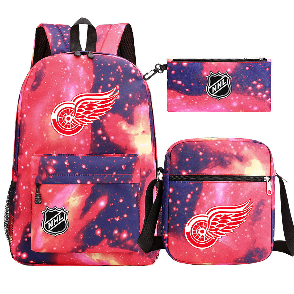 Detroit Red Wings Hockey League Printed Schoolbag Backpack Shoulder Bag Pencil Bag 3pcs set for Kids Students