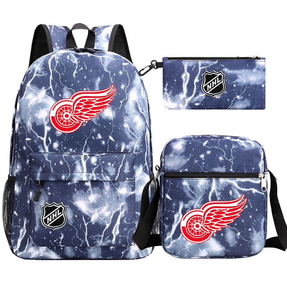 Detroit Red Wings Hockey League Printed Schoolbag Backpack Shoulder Bag Pencil Bag 3pcs set for Kids Students