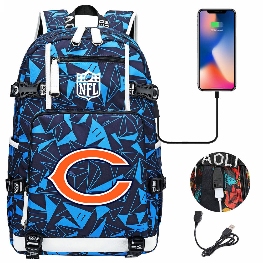 Chicago Bears Football Team USB Charging Backpack School Notebook Travel Bags