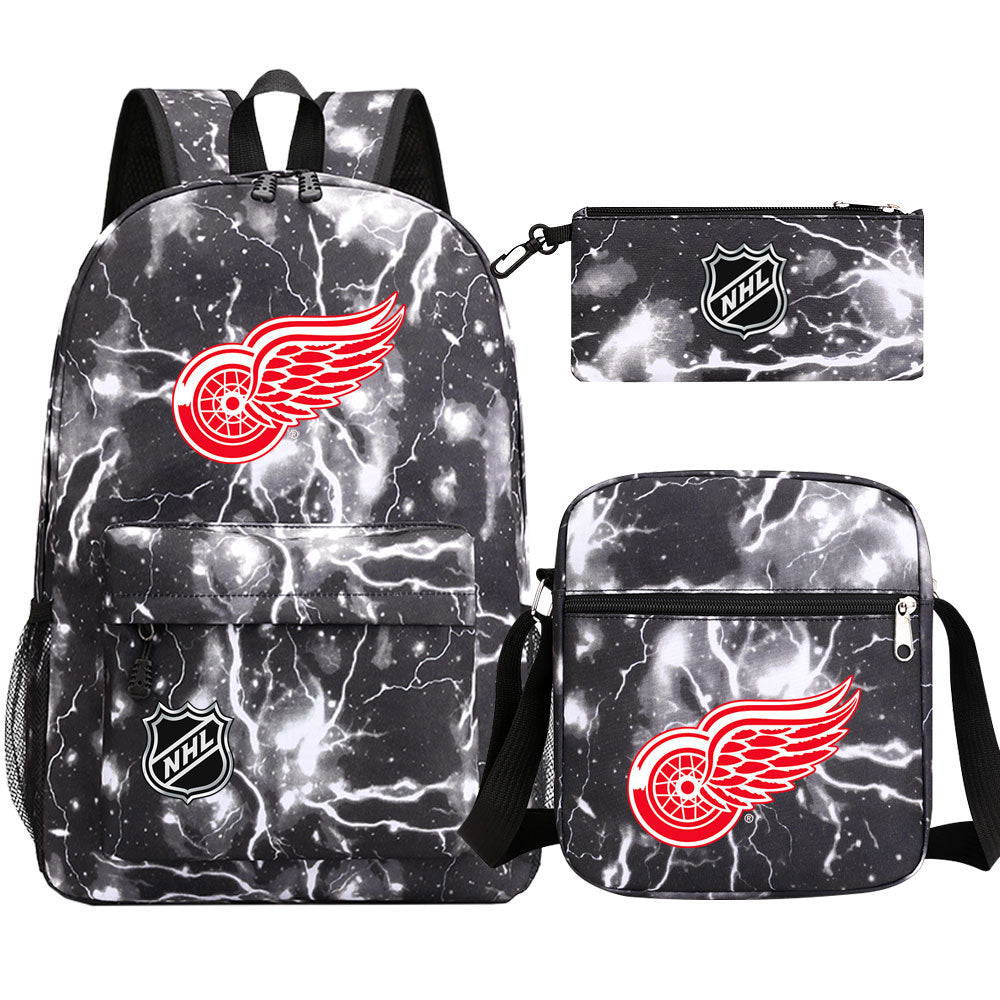 Detroit Red Wings Hockey League Printed Schoolbag Backpack Shoulder Bag Pencil Bag 3pcs set for Kids Students