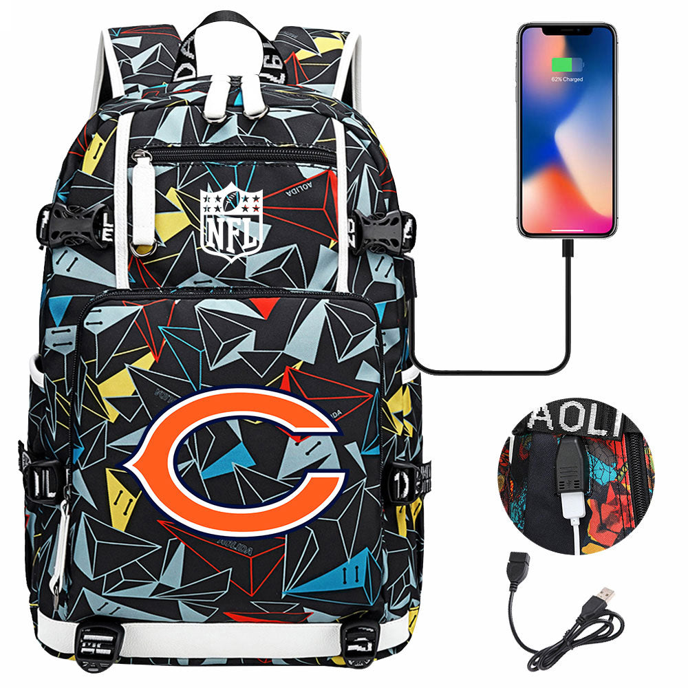 Chicago Bears Football Team USB Charging Backpack School Notebook Travel Bags