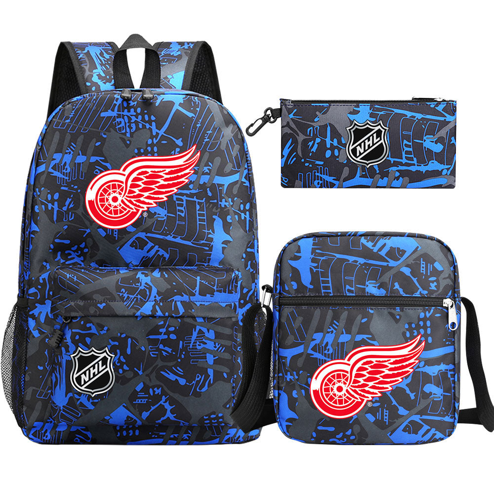 Detroit Red Wings Hockey League Printed Schoolbag Backpack Shoulder Bag Pencil Bag 3pcs set for Kids Students