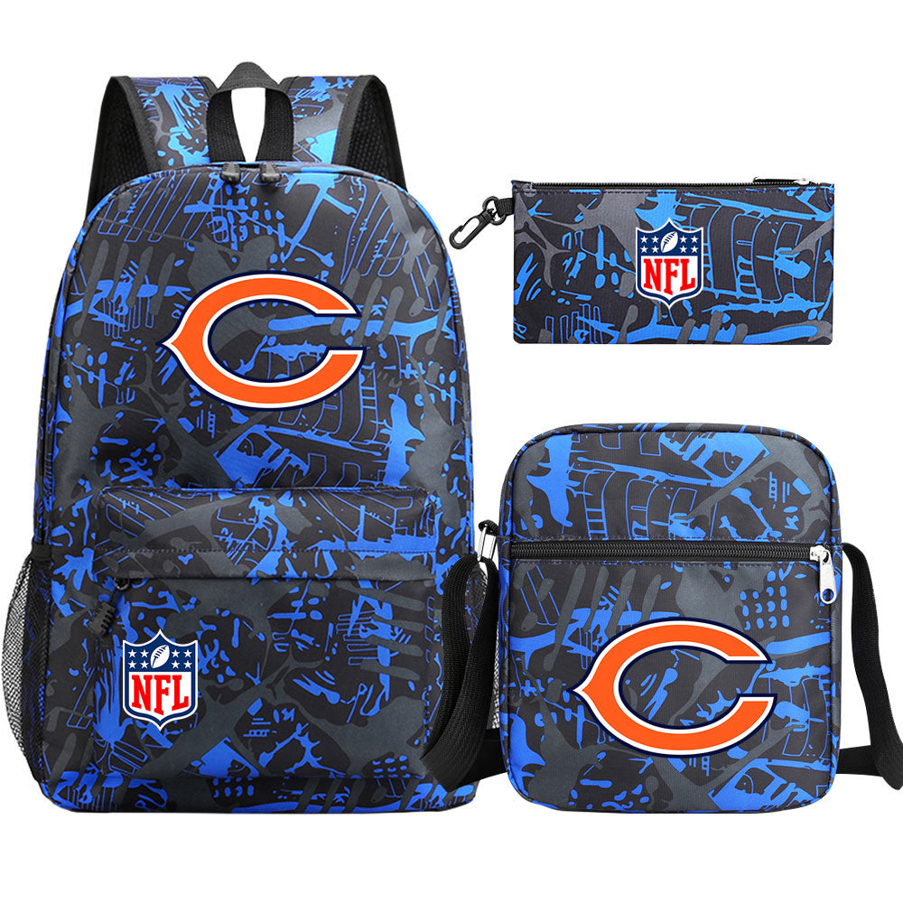 Chicago Bears Football Team Printed Schoolbag Backpack Shoulder Bag Pencil Bag 3pcs set for Kids Students