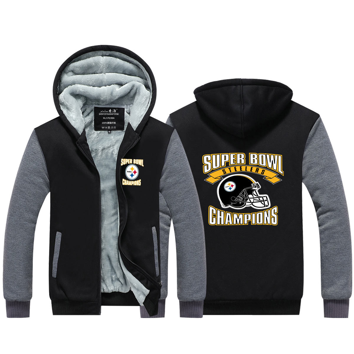 Pittsburgh  Football Steelers Unisex Lined Hoodie Fleece Sweatshirt Full Zipper Hooded Thicken Jacket