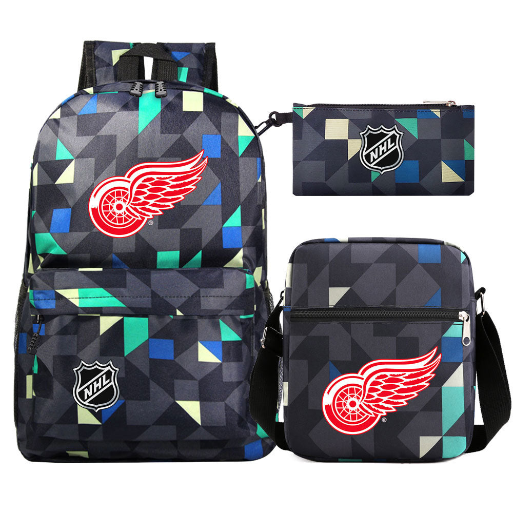 Detroit Red Wings Hockey League Printed Schoolbag Backpack Shoulder Bag Pencil Bag 3pcs set for Kids Students