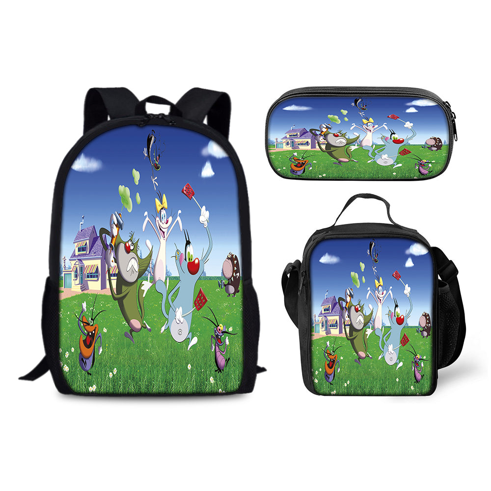 Oggy and the Cockroaches Backpack Schoolbag Lunch Bag Pencil Bag for Kids Students 3PCS