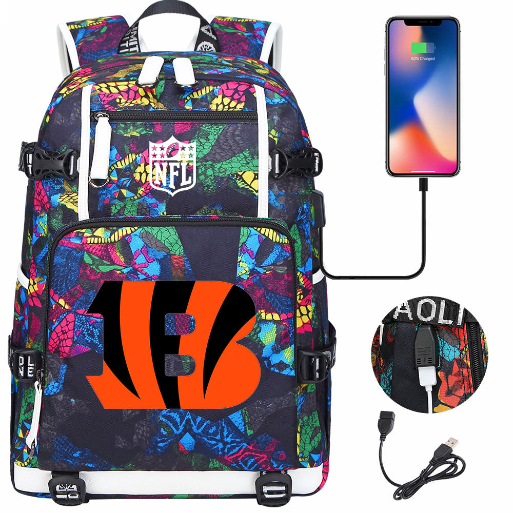 Cincinnati Bengals Football Team USB Charging Backpack School Notebook Travel Bags