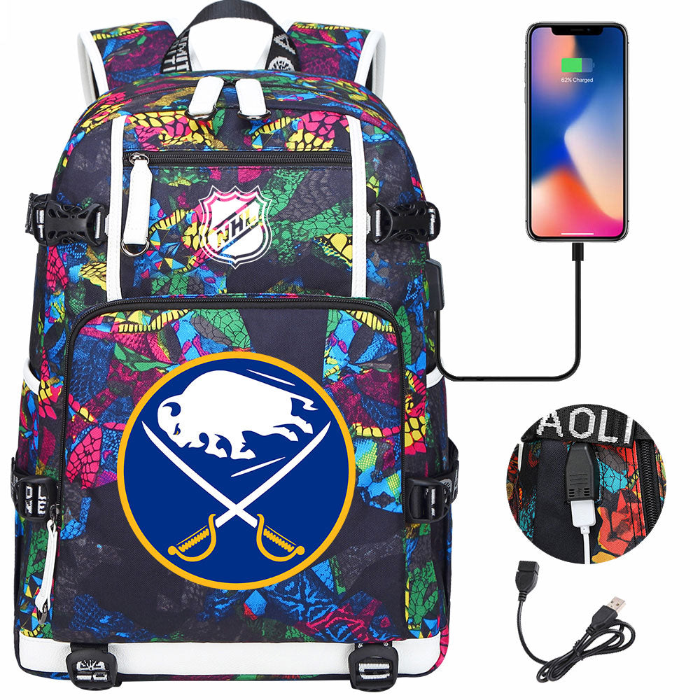 Buffalo Sabres Hockey League USB Charging Backpack School Notebook Travel Bags