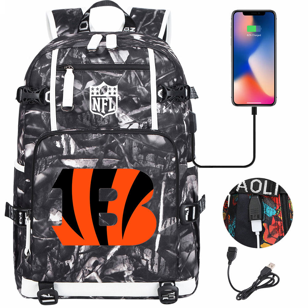 Cincinnati Bengals Football Team USB Charging Backpack School Notebook Travel Bags