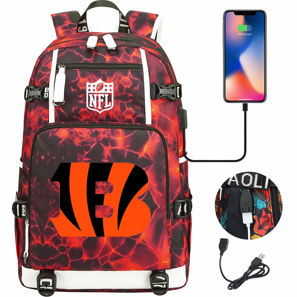 Cincinnati Bengals Football Team USB Charging Backpack School Notebook Travel Bags