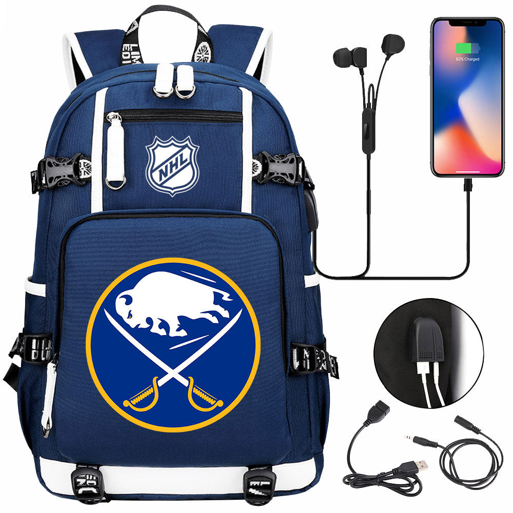 Buffalo Sabres Hockey League USB Charging Backpack School Notebook Travel Bags