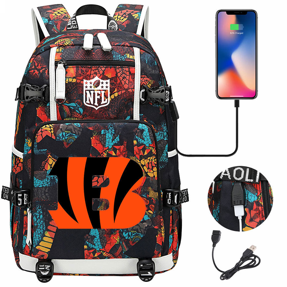 Cincinnati Bengals Football Team USB Charging Backpack School Notebook Travel Bags