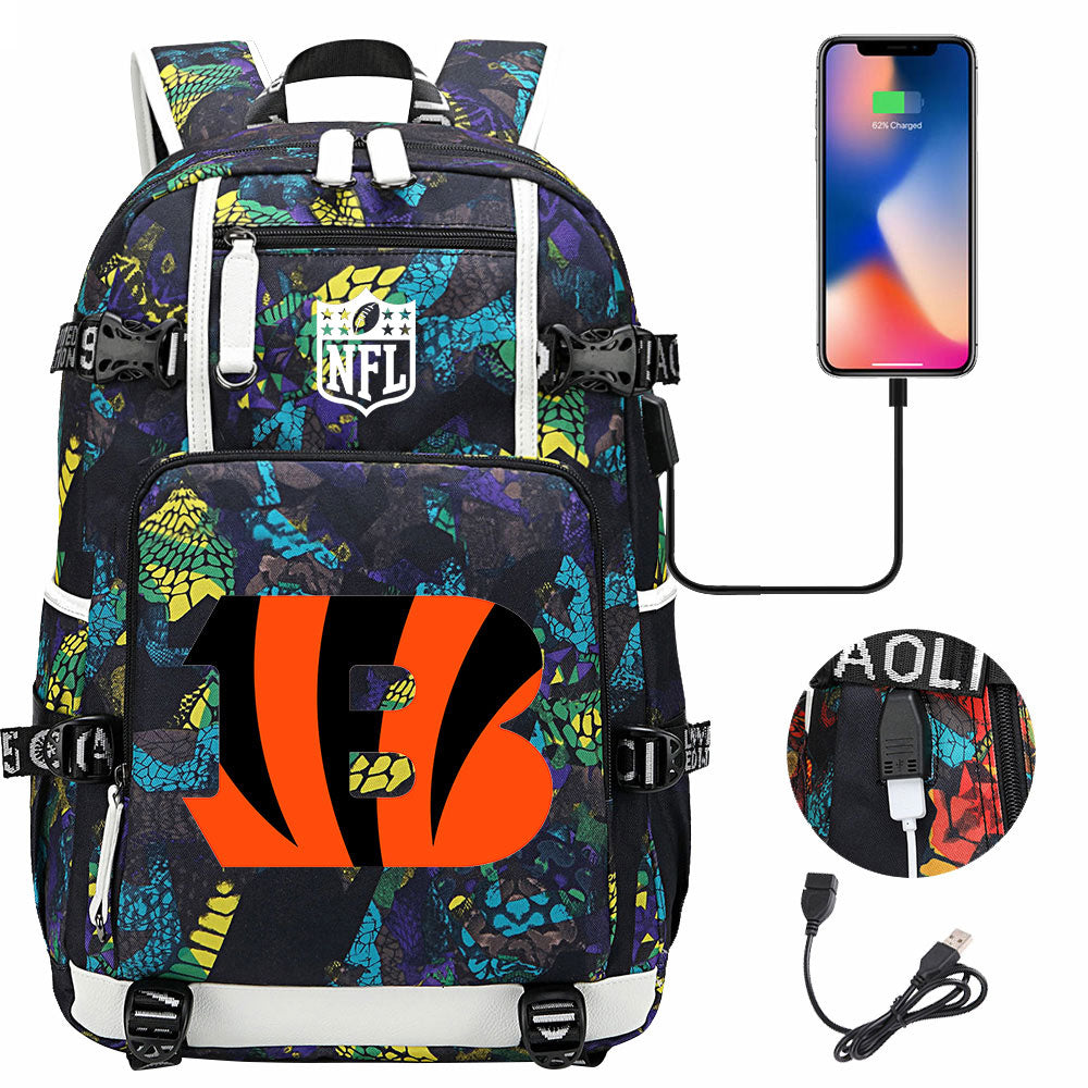 Cincinnati Bengals Football Team USB Charging Backpack School Notebook Travel Bags