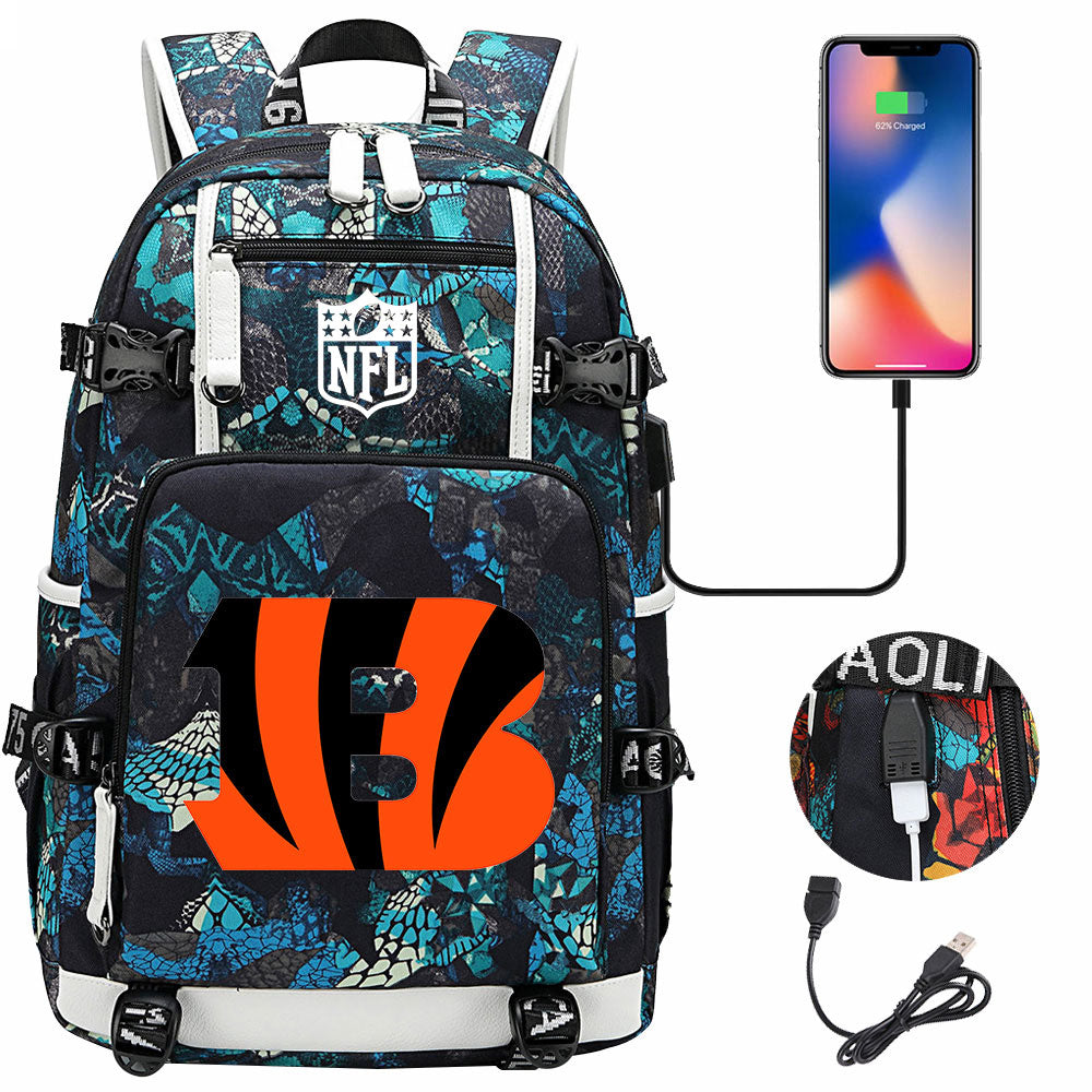 Cincinnati Bengals Football Team USB Charging Backpack School Notebook Travel Bags