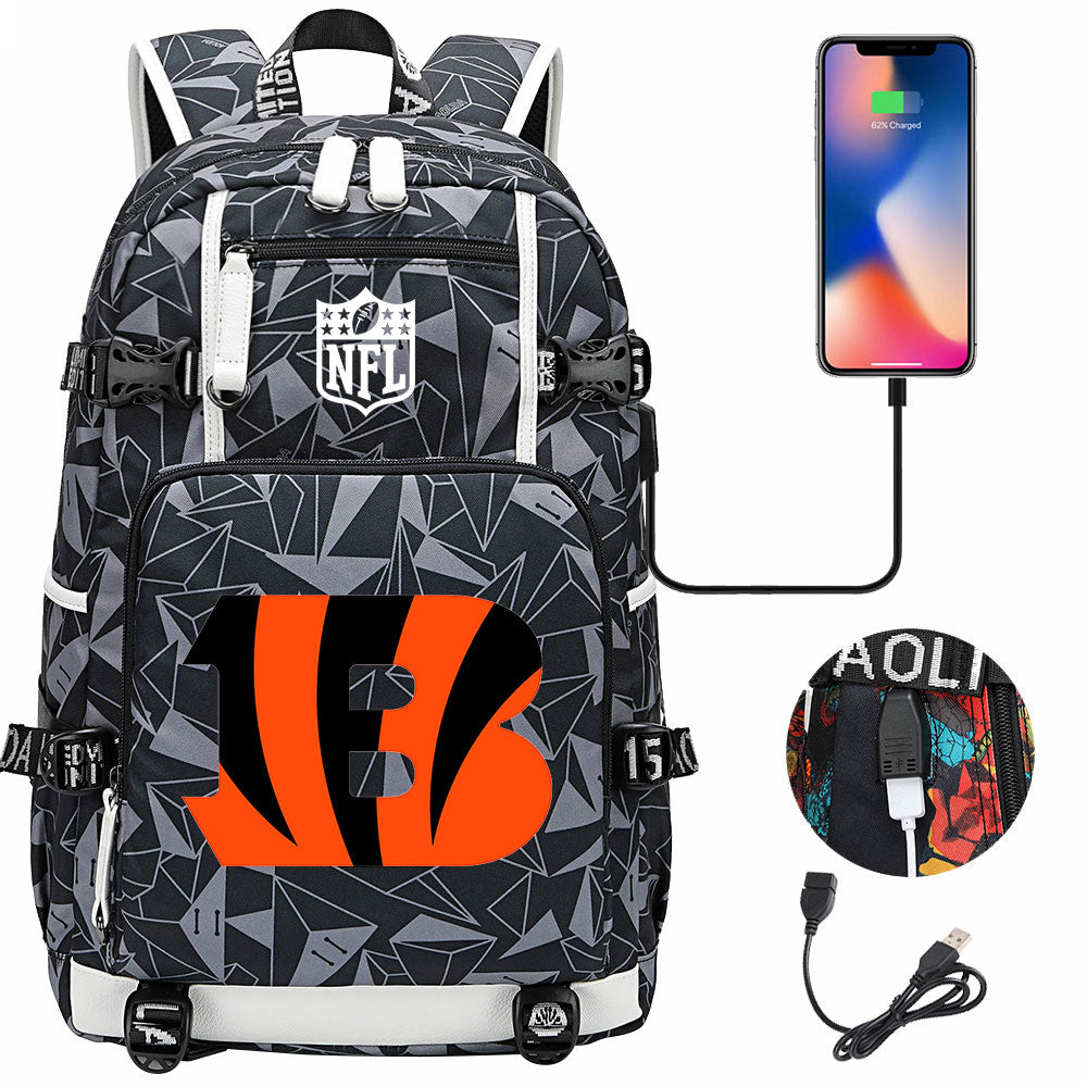 Cincinnati Bengals Football Team USB Charging Backpack School Notebook Travel Bags